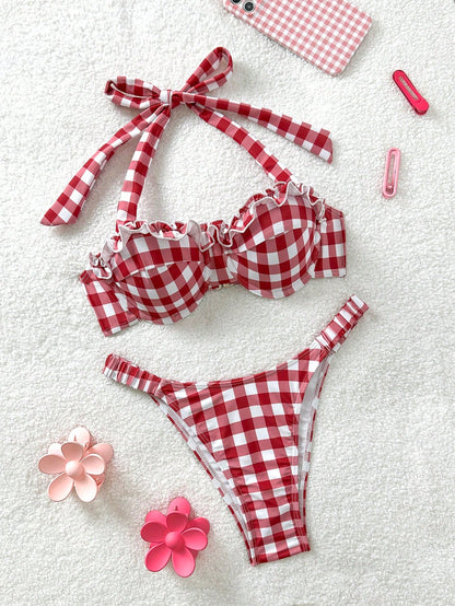 Soleia Bohemian,Boho, Romantic Floral,Vacation, Floral 2pcs Women Red & White Grid Print Swimsuit Set, For Vacation, Cute, Kawaii