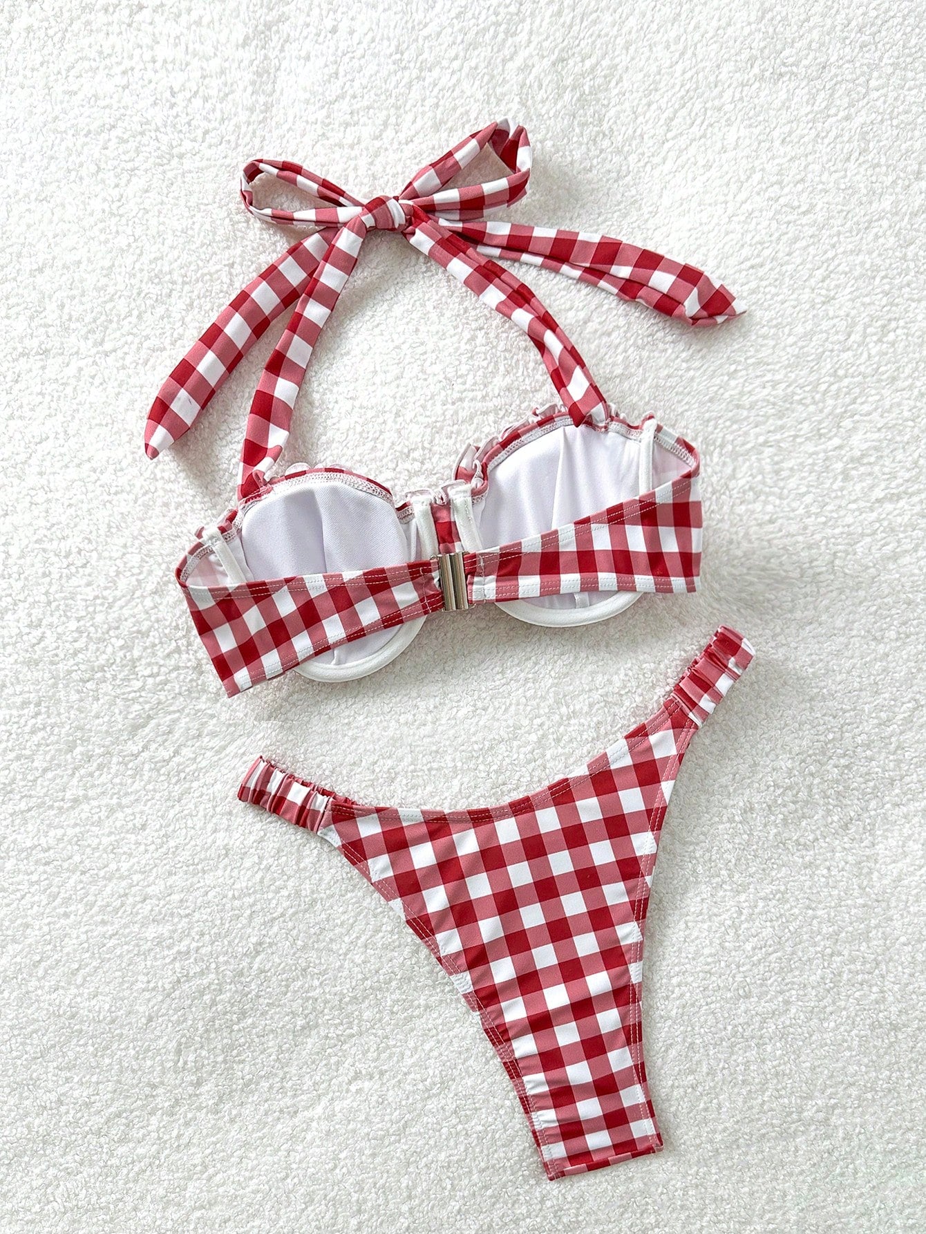 Soleia Bohemian,Boho, Romantic Floral,Vacation, Floral 2pcs Women Red & White Grid Print Swimsuit Set, For Vacation, Cute, Kawaii