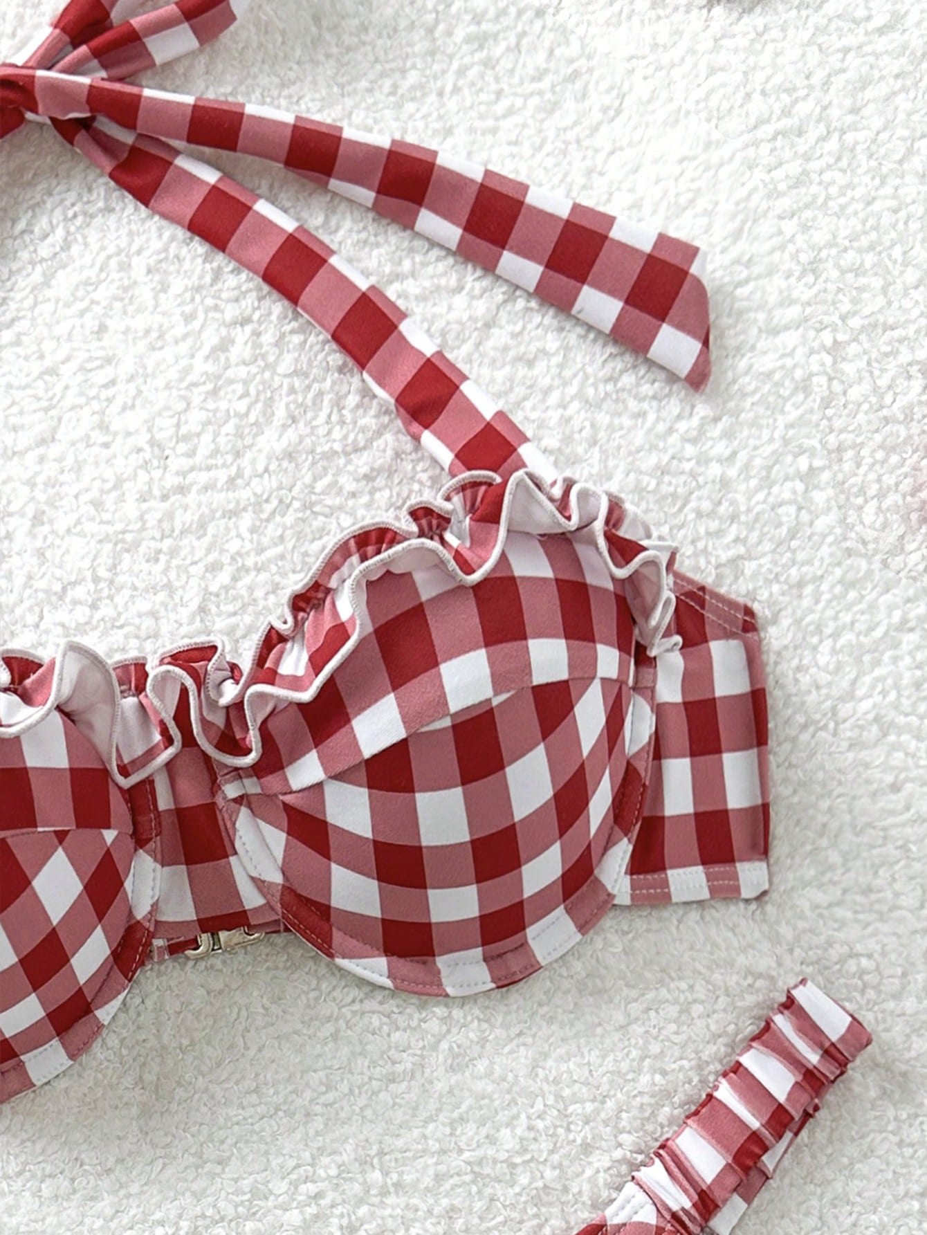 Soleia Bohemian,Boho, Romantic Floral,Vacation, Floral 2pcs Women Red & White Grid Print Swimsuit Set, For Vacation, Cute, Kawaii
