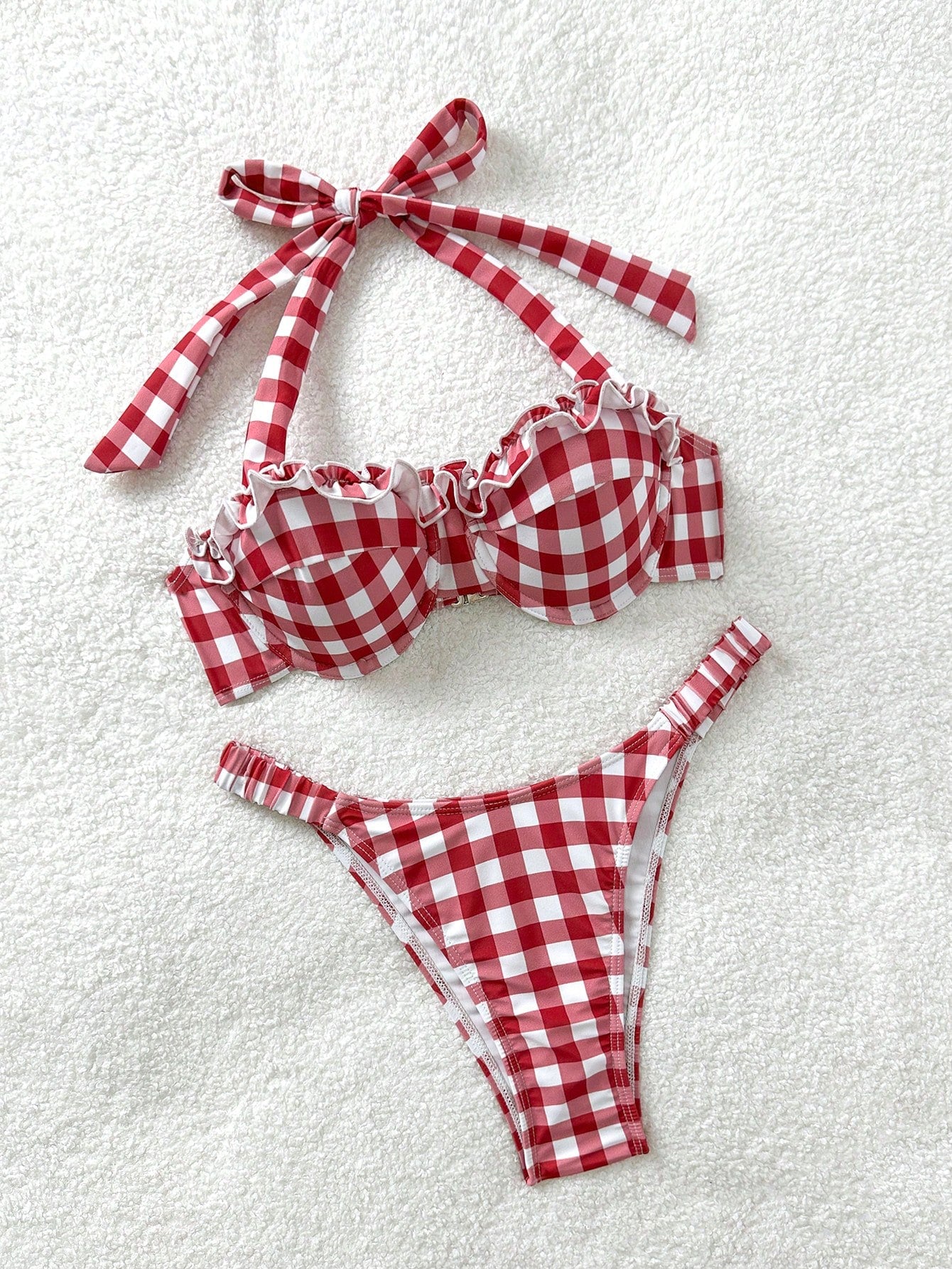 Soleia Bohemian,Boho, Romantic Floral,Vacation, Floral 2pcs Women Red & White Grid Print Swimsuit Set, For Vacation, Cute, Kawaii