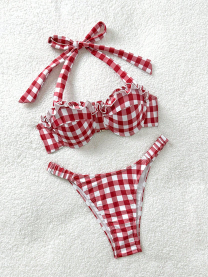 Soleia Bohemian,Boho, Romantic Floral,Vacation, Floral 2pcs Women Red & White Grid Print Swimsuit Set, For Vacation, Cute, Kawaii