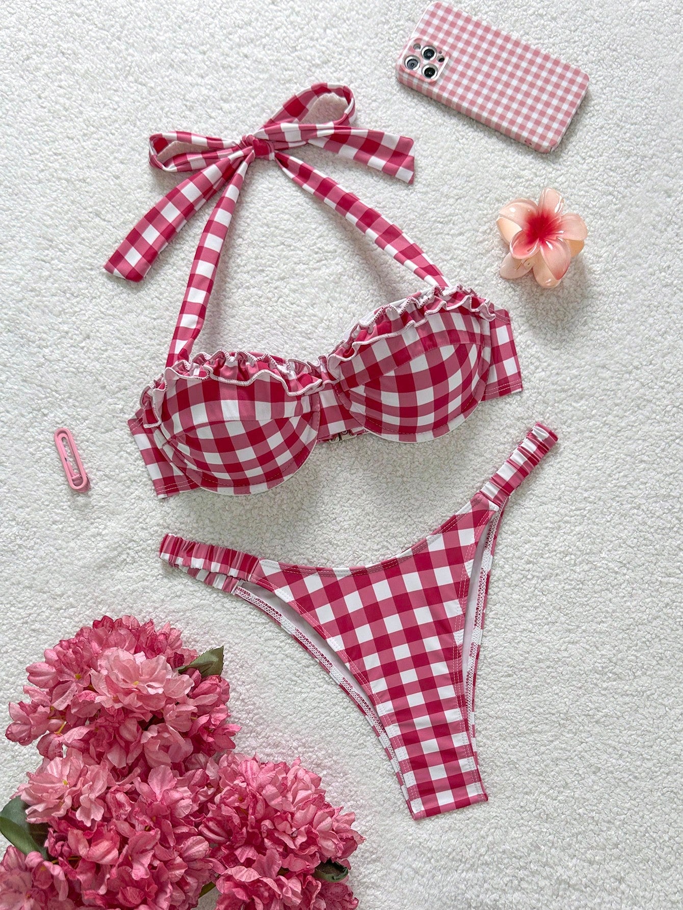 Soleia Bohemian,Boho, Romantic Floral,Vacation, Floral 2pcs Women Red & White Grid Print Swimsuit Set, For Vacation, Cute, Kawaii