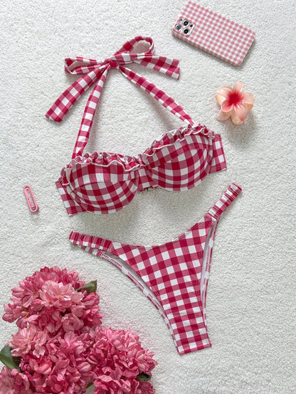 Soleia Bohemian,Boho, Romantic Floral,Vacation, Floral 2pcs Women Red & White Grid Print Swimsuit Set, For Vacation, Cute, Kawaii