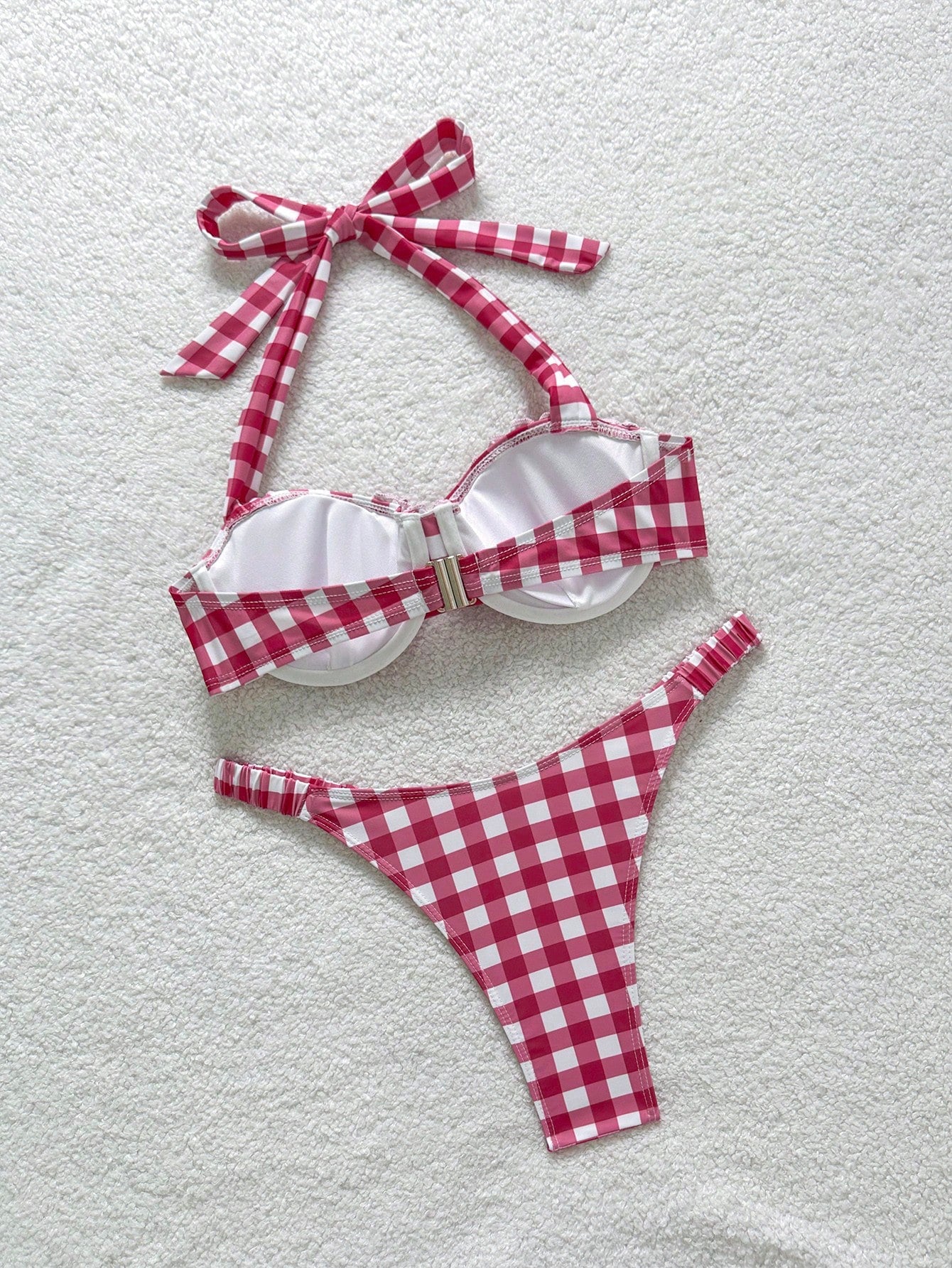Soleia Bohemian,Boho, Romantic Floral,Vacation, Floral 2pcs Women Red & White Grid Print Swimsuit Set, For Vacation, Cute, Kawaii
