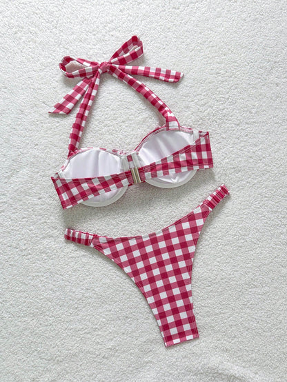Soleia Bohemian,Boho, Romantic Floral,Vacation, Floral 2pcs Women Red & White Grid Print Swimsuit Set, For Vacation, Cute, Kawaii