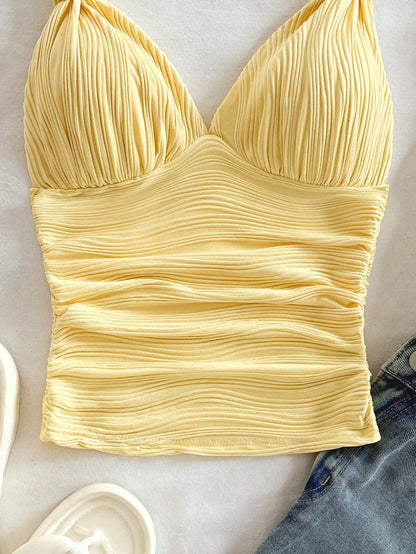 Soleia Casual Romantic Vacation Plain Color Twist Pleat Red Camisole Christmas Valentine's Day New Year No Chest Padding