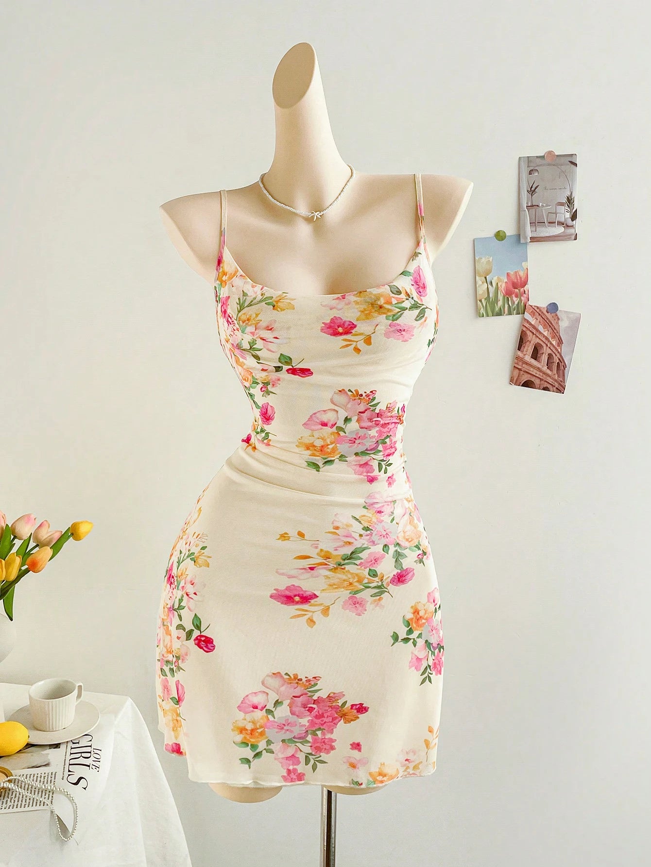 Soleia Floral Print Cami Form-Fitting Women Holiday Dress, Suitable For Date, Valentine's Day, Afternoon Tea