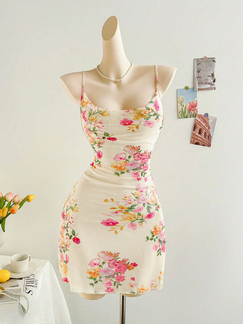 Soleia Floral Print Cami Form-Fitting Women Holiday Dress, Suitable For Date, Valentine's Day, Afternoon Tea
