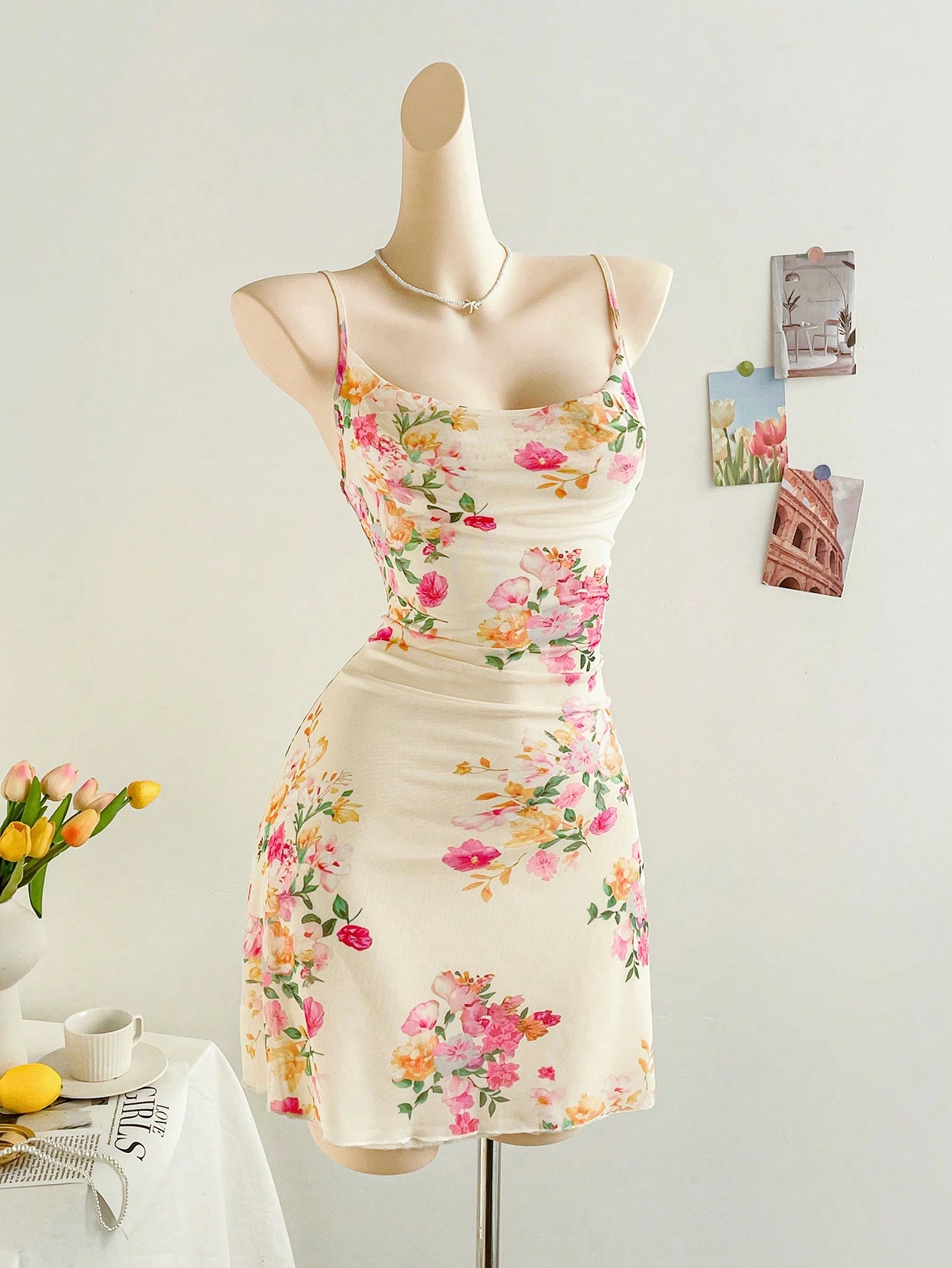 Soleia Floral Print Cami Form-Fitting Women Holiday Dress, Suitable For Date, Valentine's Day, Afternoon Tea