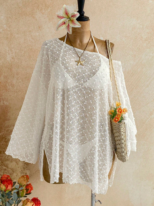 Soleia Long Sleeve Asymmetrical Shoulder Knit Jacquard Loose Fit Split Hem Top