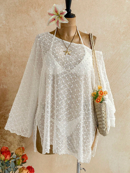 Soleia Long Sleeve Asymmetrical Shoulder Knit Jacquard Loose Fit Split Hem Top