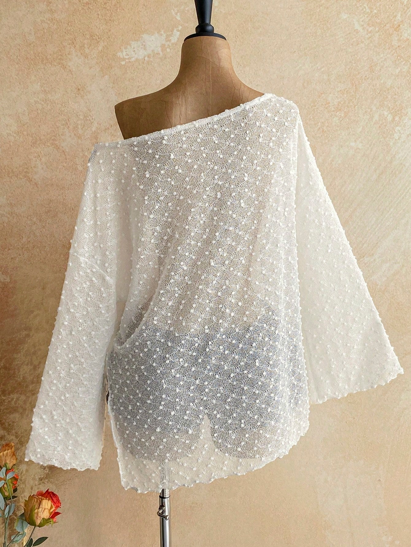Soleia Long Sleeve Asymmetrical Shoulder Knit Jacquard Loose Fit Split Hem Top