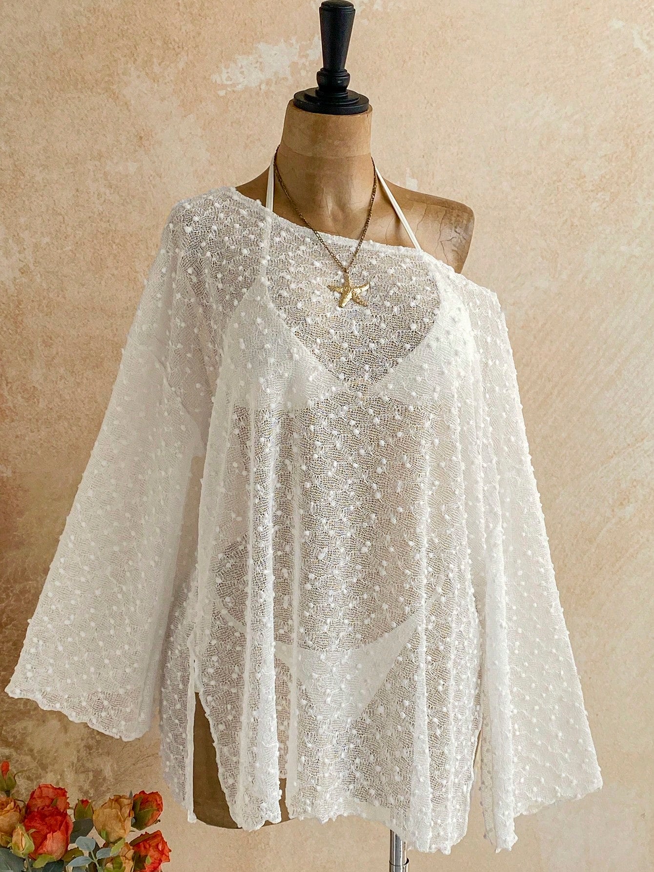 Soleia Long Sleeve Asymmetrical Shoulder Knit Jacquard Loose Fit Split Hem Top