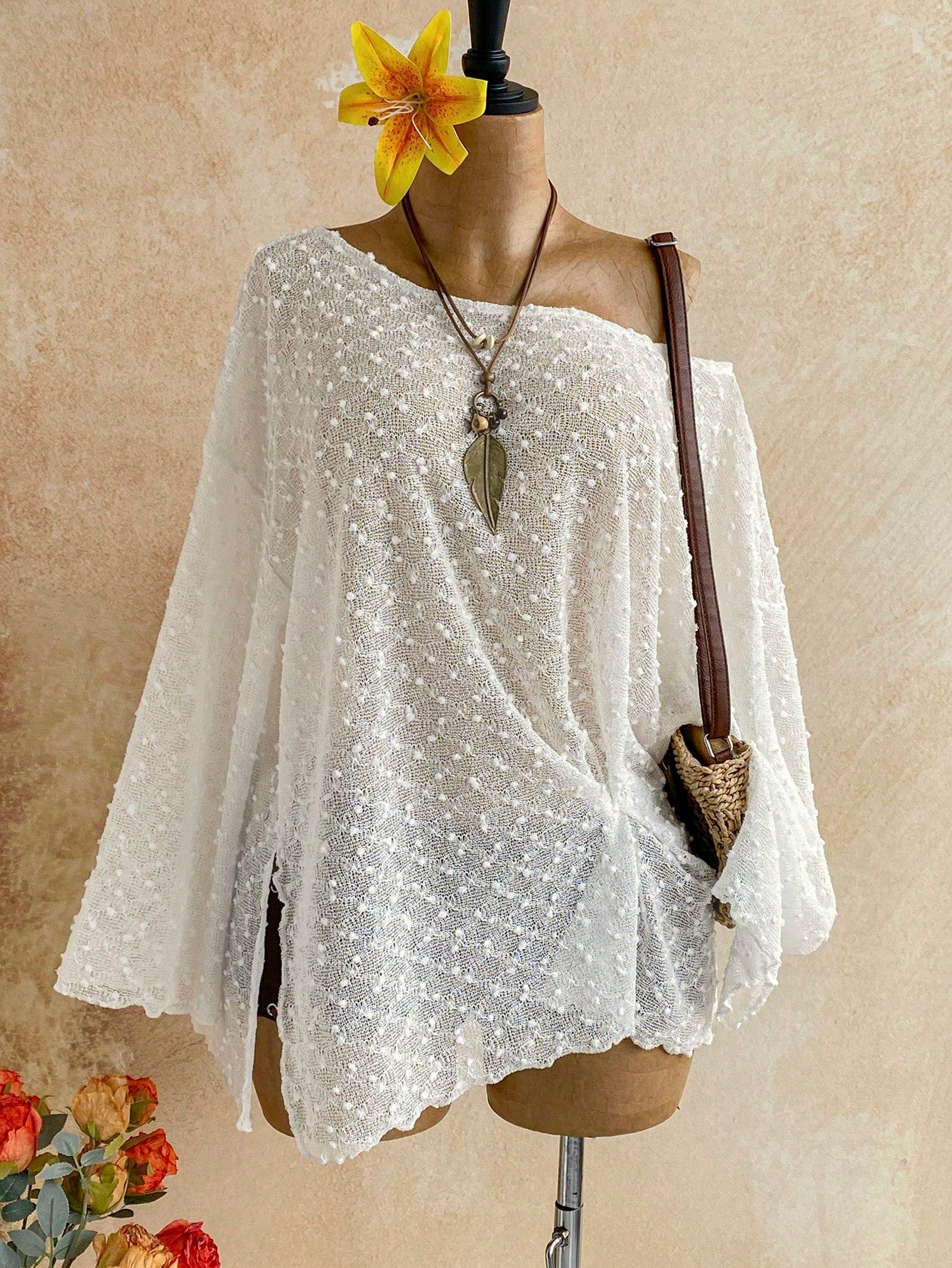 Soleia Long Sleeve Asymmetrical Shoulder Knit Jacquard Loose Fit Split Hem Top