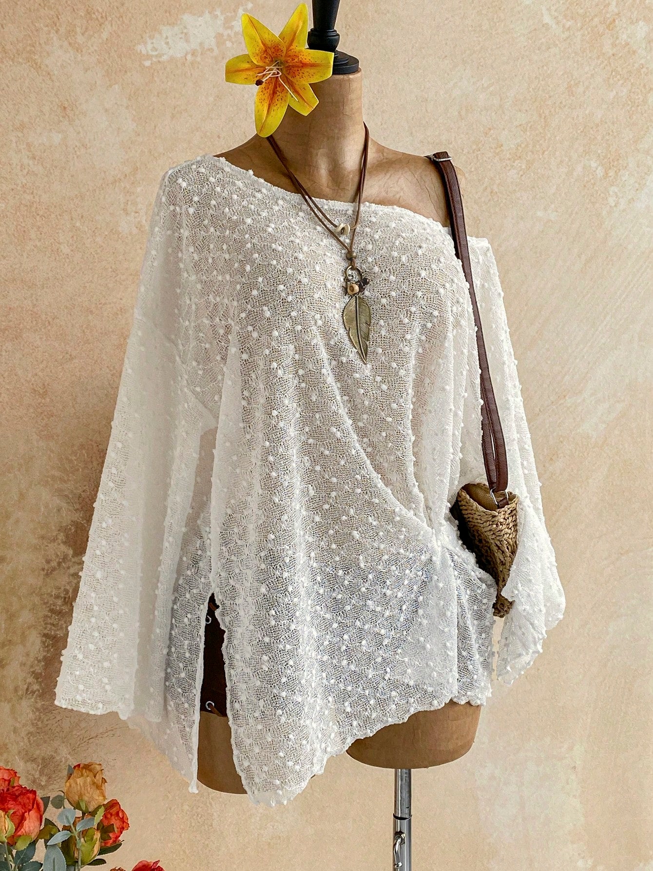 Soleia Long Sleeve Asymmetrical Shoulder Knit Jacquard Loose Fit Split Hem Top