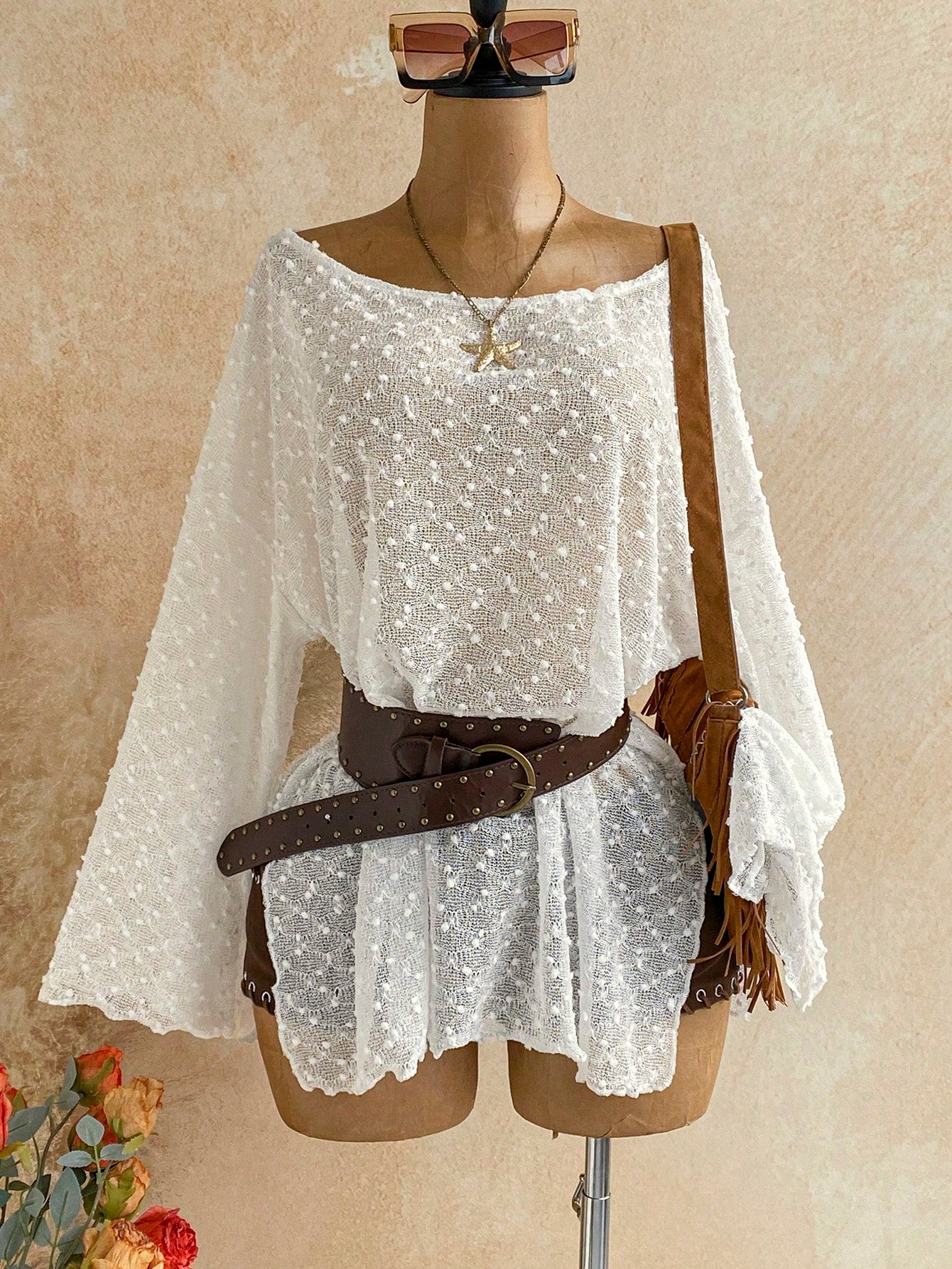 Soleia Long Sleeve Asymmetrical Shoulder Knit Jacquard Loose Fit Split Hem Top