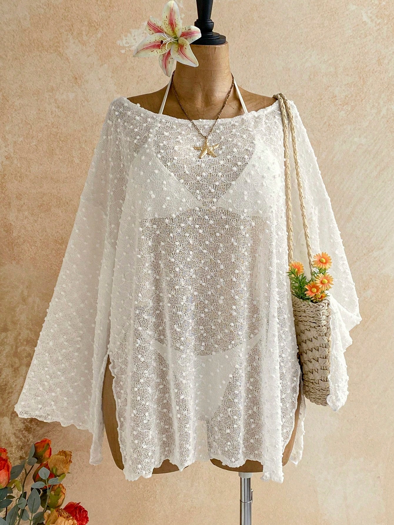 Soleia Long Sleeve Asymmetrical Shoulder Knit Jacquard Loose Fit Split Hem Top