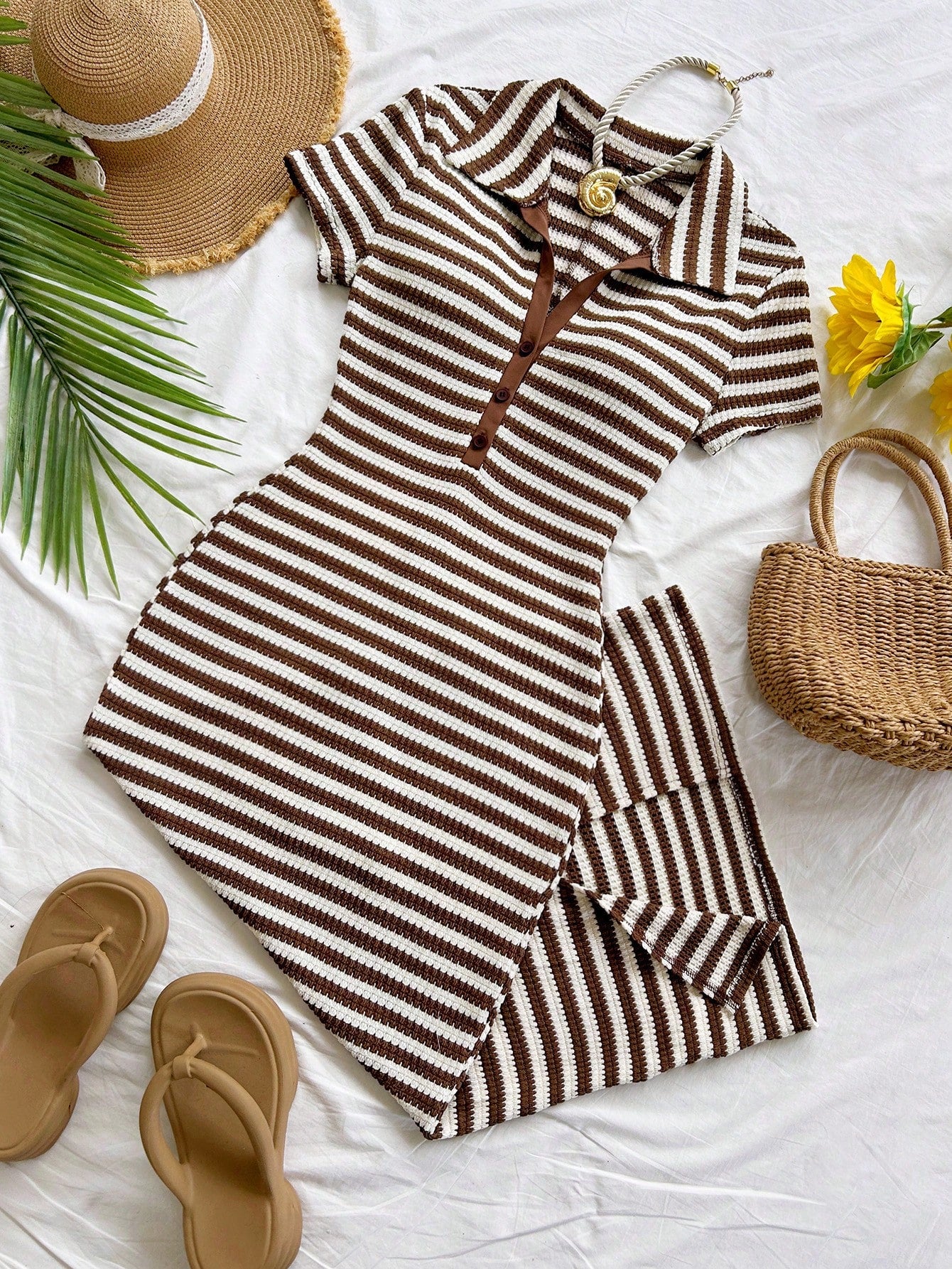 Soleia New Casual Vacation Polo Collar Short Sleeve Colorblock Brown Striped Dress Vacation Summer No Chest Padding