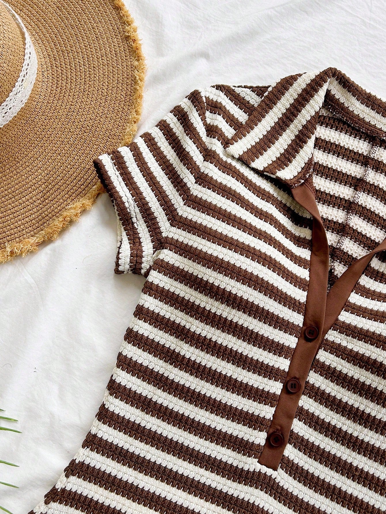 Soleia New Casual Vacation Polo Collar Short Sleeve Colorblock Brown Striped Dress Vacation Summer No Chest Padding