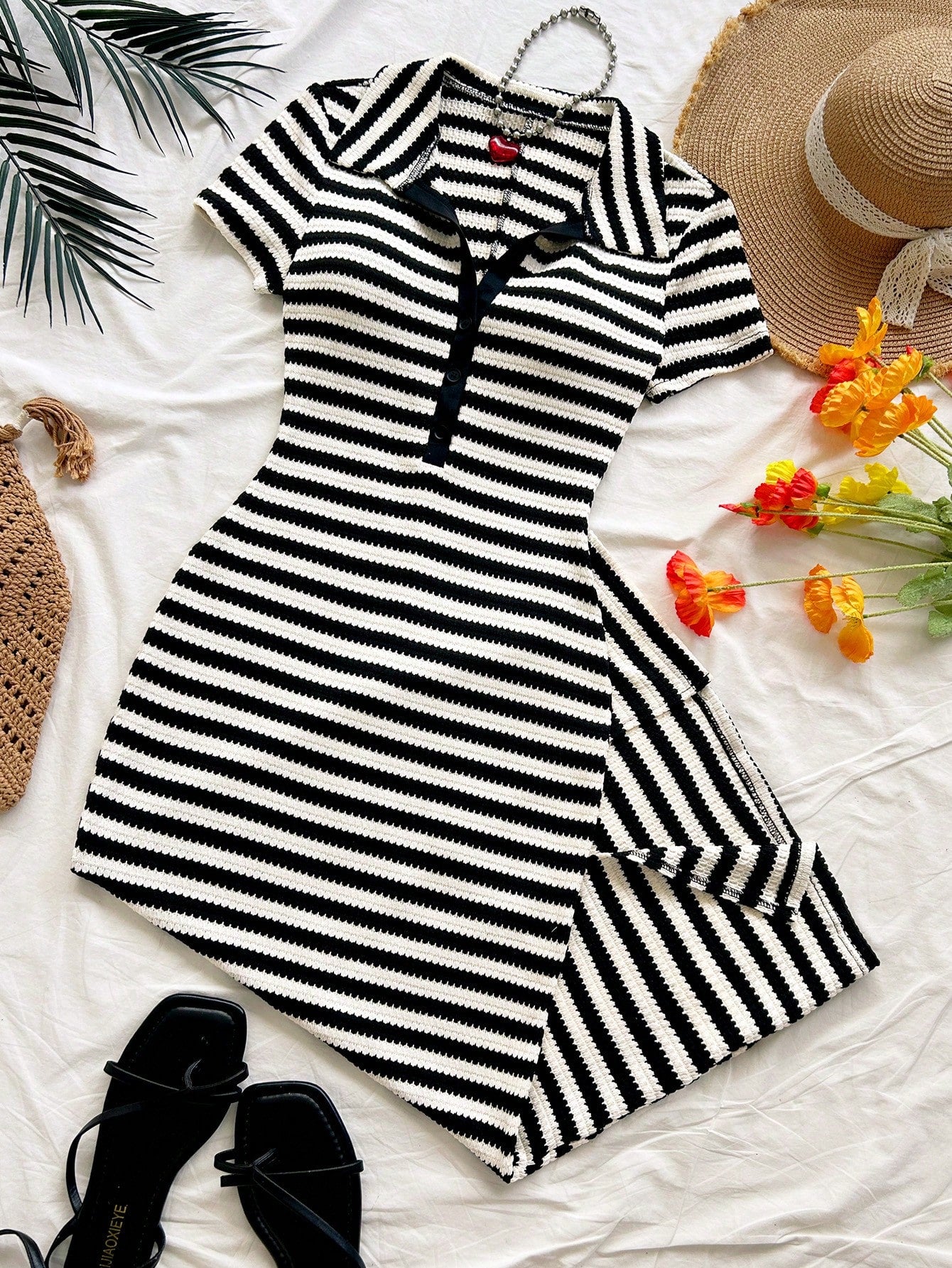 Soleia New Casual Vacation Polo Collar Short Sleeve Colorblock Brown Striped Dress Vacation Summer No Chest Padding