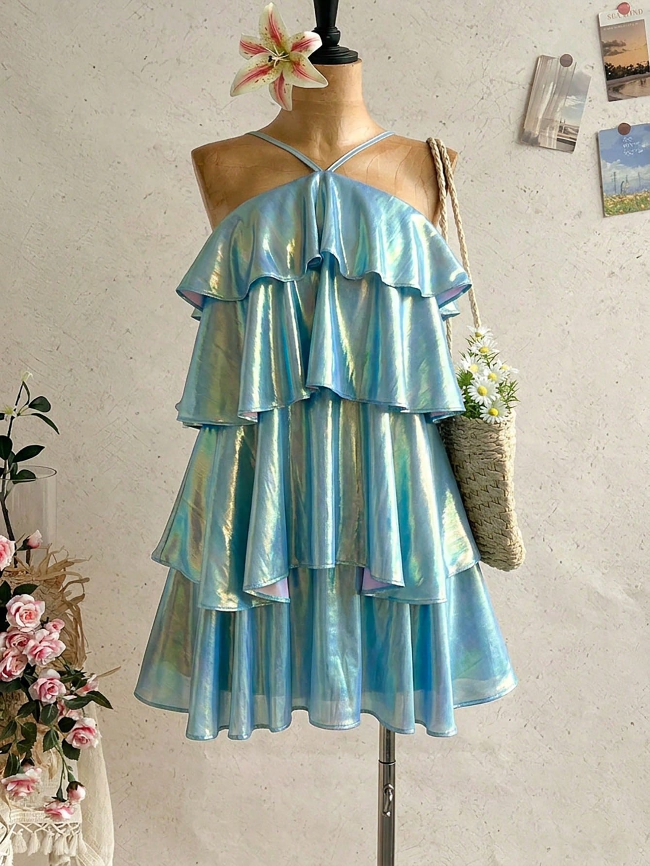 Soleia New Elegant Romantic Wedding Guest Solid Color Backless Multi-Layer Ruffle Chiffon Mini Dress Bohemian, Boho, Romantic Floral, Vacation