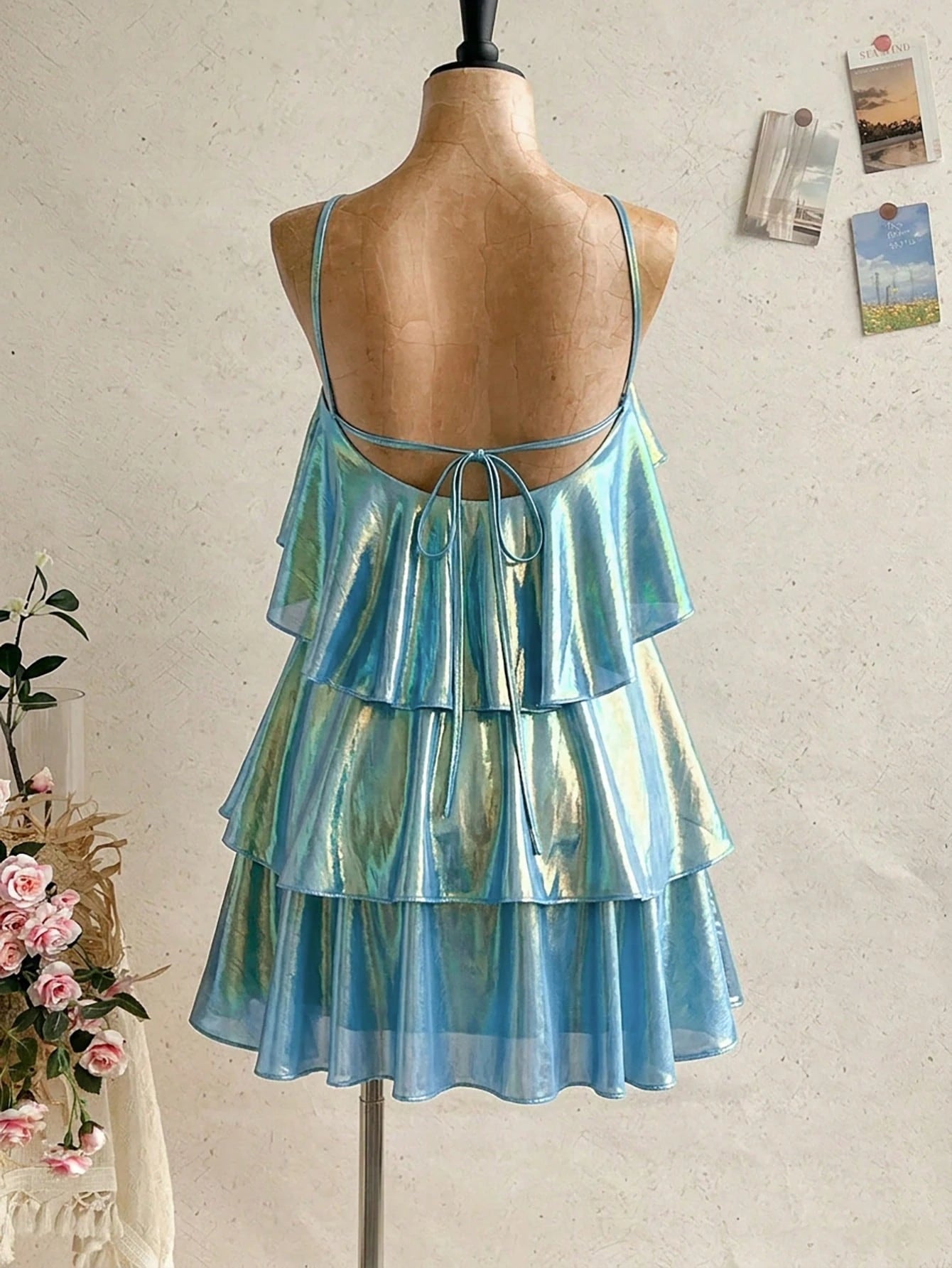 Soleia New Elegant Romantic Wedding Guest Solid Color Backless Multi-Layer Ruffle Chiffon Mini Dress Bohemian, Boho, Romantic Floral, Vacation
