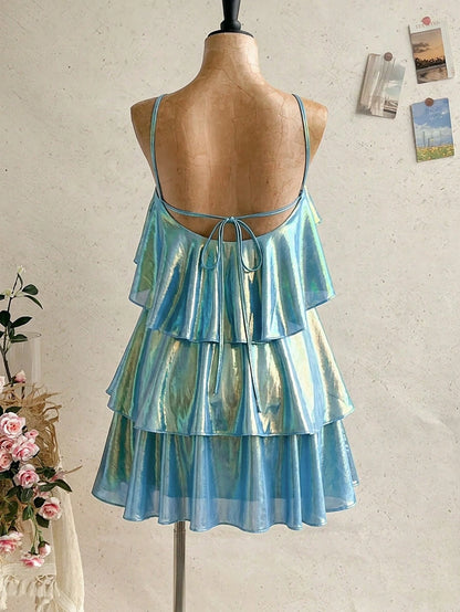 Soleia New Elegant Romantic Wedding Guest Solid Color Backless Multi-Layer Ruffle Chiffon Mini Dress Bohemian, Boho, Romantic Floral, Vacation