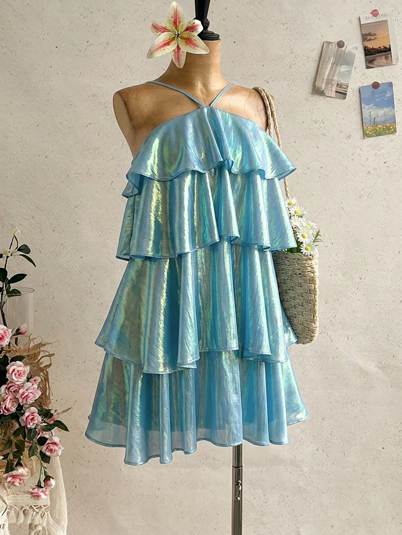 Soleia New Elegant Romantic Wedding Guest Solid Color Backless Multi-Layer Ruffle Chiffon Mini Dress Bohemian, Boho, Romantic Floral, Vacation