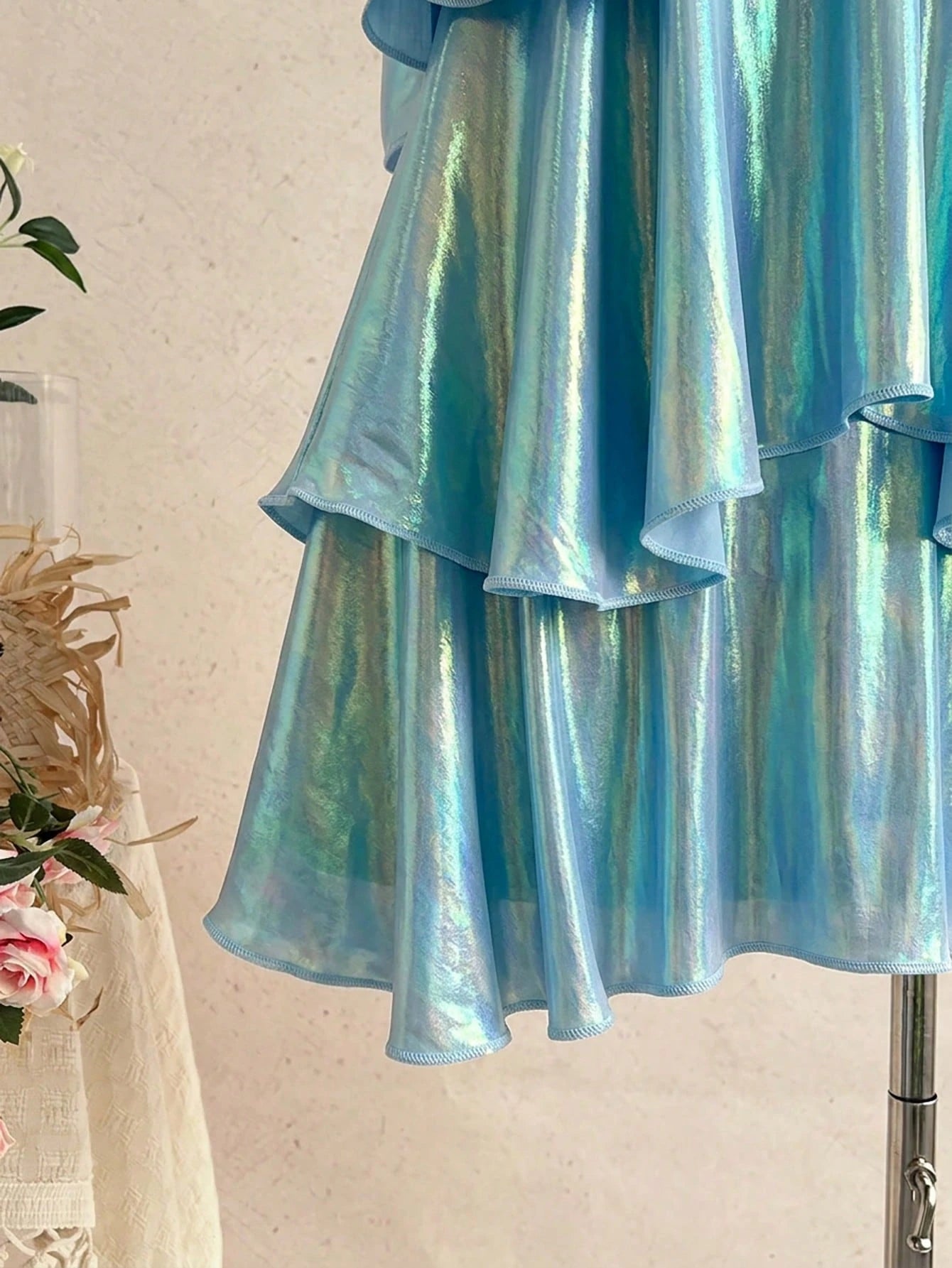 Soleia New Elegant Romantic Wedding Guest Solid Color Backless Multi-Layer Ruffle Chiffon Mini Dress Bohemian, Boho, Romantic Floral, Vacation