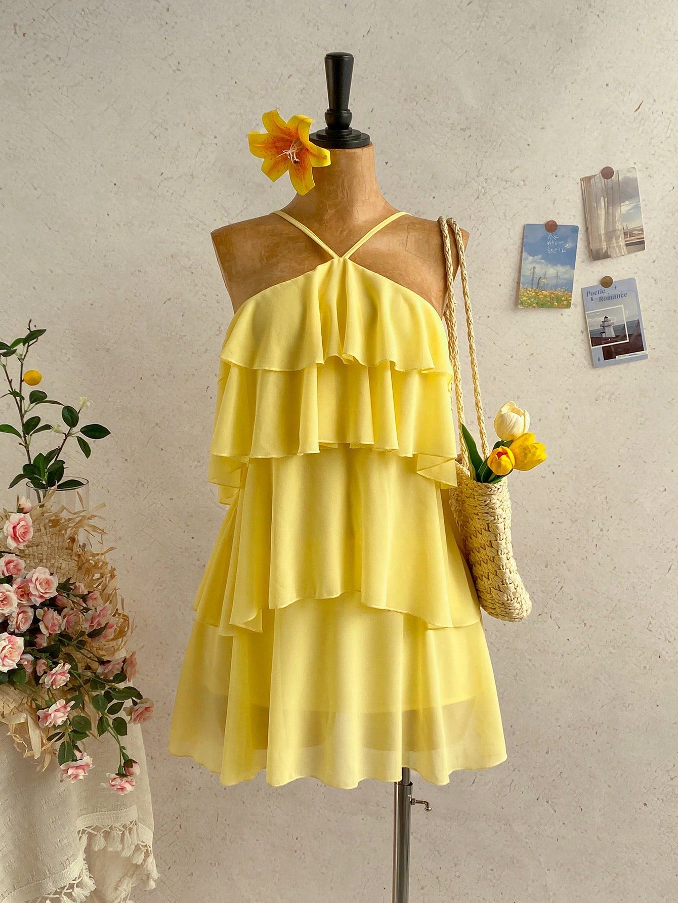 Soleia New Elegant Romantic Wedding Guest Solid Color Backless Multi-Layer Ruffle Chiffon Mini Dress Bohemian, Boho, Romantic Floral, Vacation