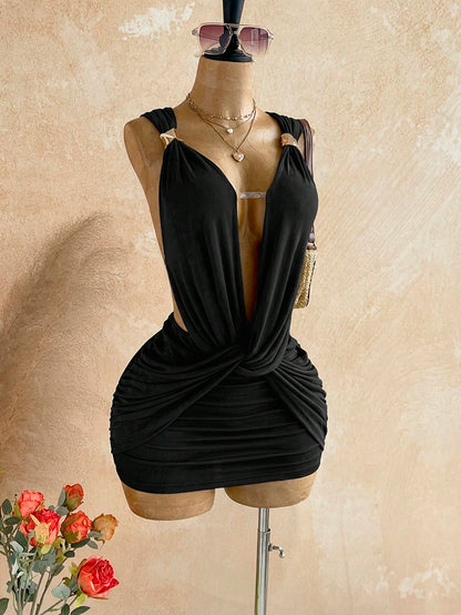 Soleia Sexy Design V-Neck Metal Decor Shoulder Strap Backless Wrap Mini Dress, Greek Mythology Style, For Date Night Night Out Club Party, Black Summer