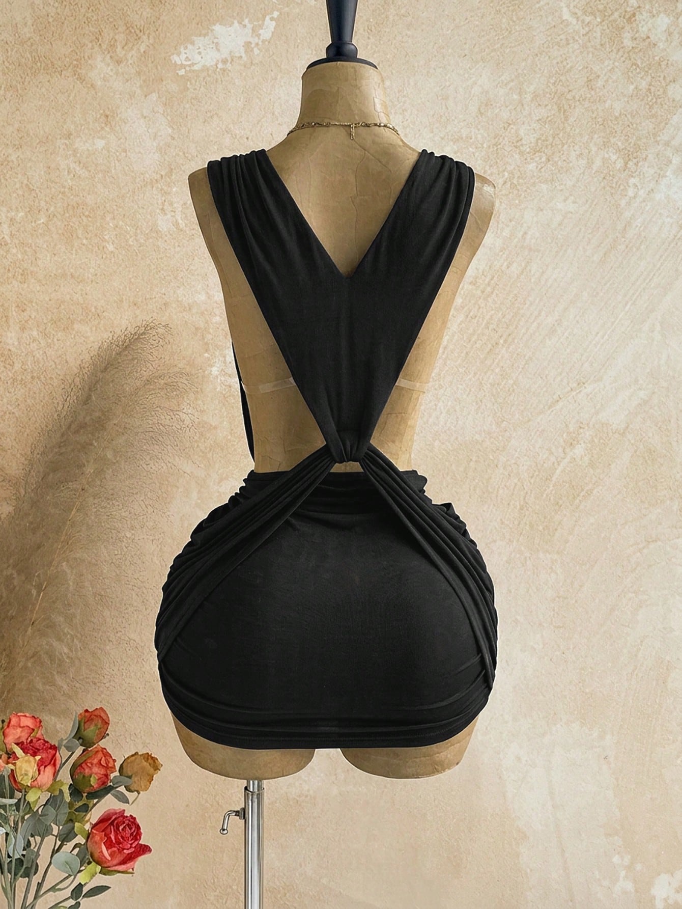 Soleia Sexy Design V-Neck Metal Decor Shoulder Strap Backless Wrap Mini Dress, Greek Mythology Style, For Date Night Night Out Club Party, Black Summer