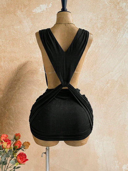 Soleia Sexy Design V-Neck Metal Decor Shoulder Strap Backless Wrap Mini Dress, Greek Mythology Style, For Date Night Night Out Club Party, Black Summer