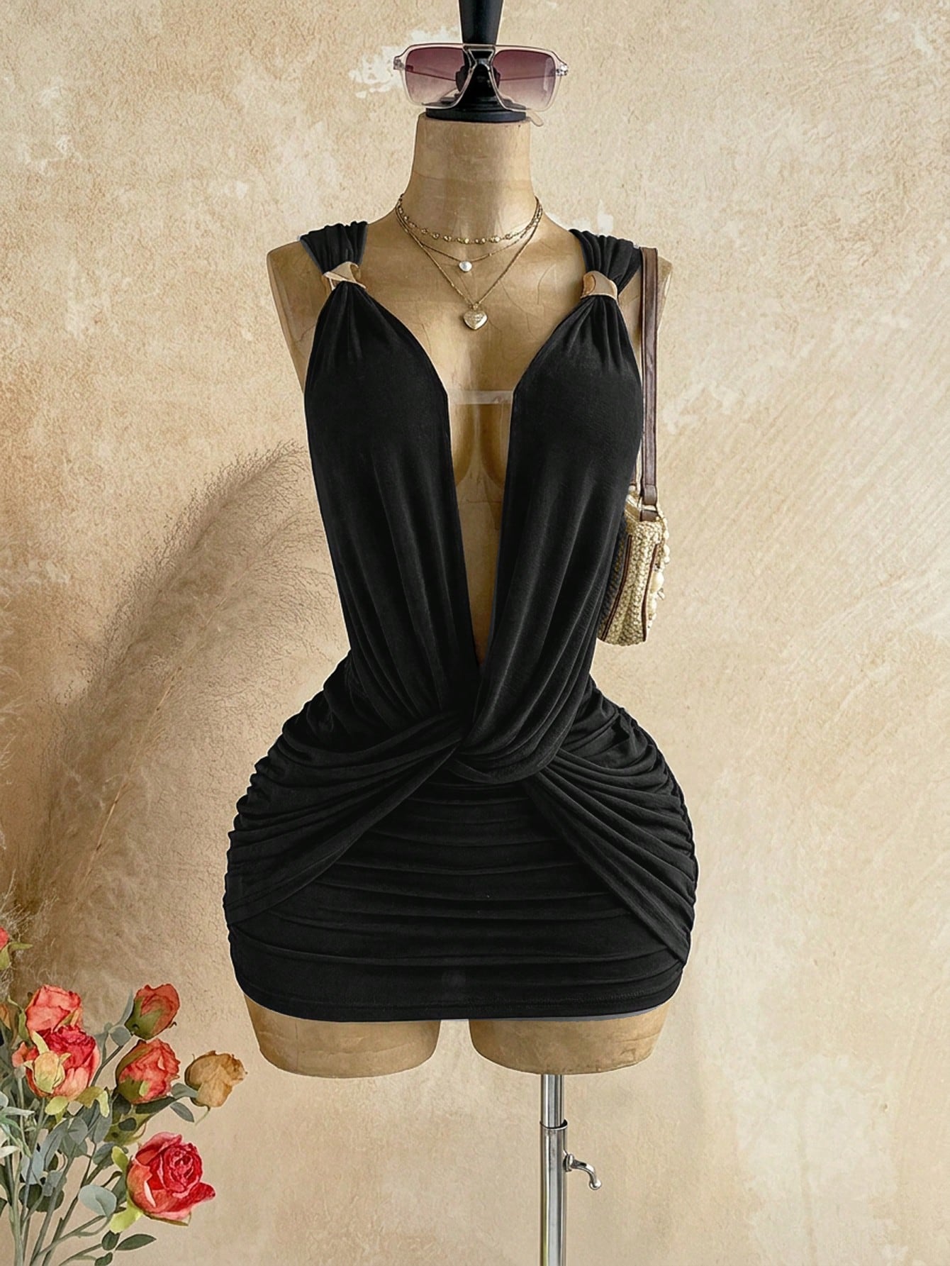 Soleia Sexy Design V-Neck Metal Decor Shoulder Strap Backless Wrap Mini Dress, Greek Mythology Style, For Date Night Night Out Club Party, Black Summer