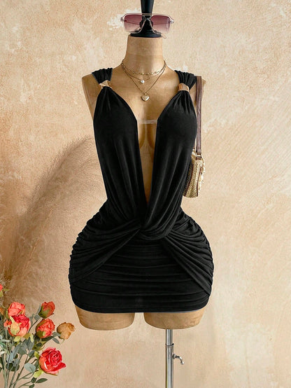 Soleia Sexy Design V-Neck Metal Decor Shoulder Strap Backless Wrap Mini Dress, Greek Mythology Style, For Date Night Night Out Club Party, Black Summer