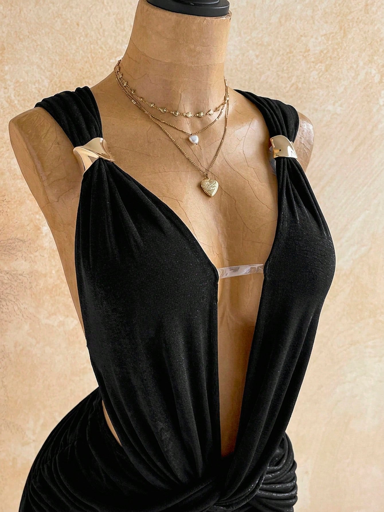Soleia Sexy Design V-Neck Metal Decor Shoulder Strap Backless Wrap Mini Dress, Greek Mythology Style, For Date Night Night Out Club Party, Black Summer