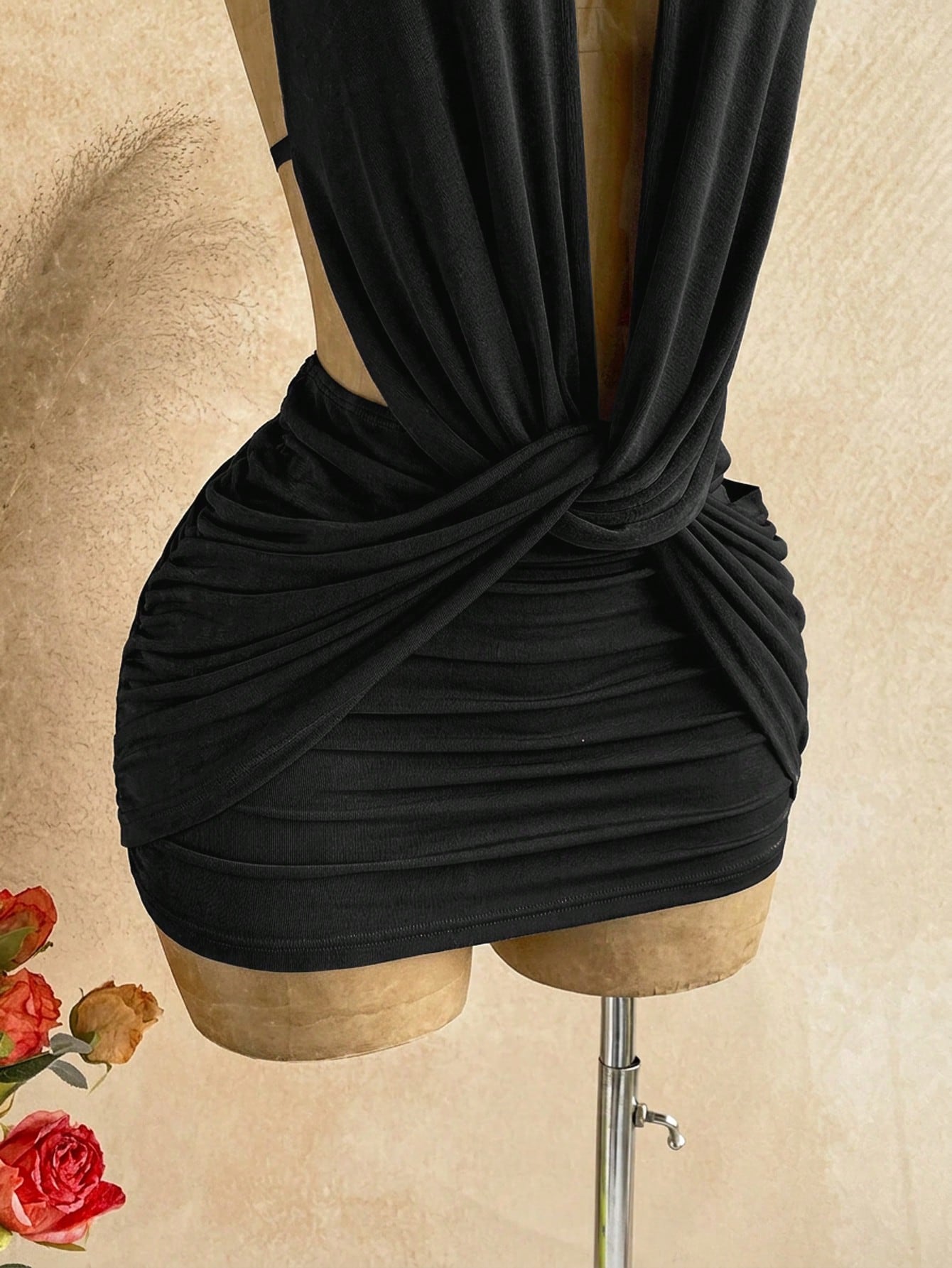 Soleia Sexy Design V-Neck Metal Decor Shoulder Strap Backless Wrap Mini Dress, Greek Mythology Style, For Date Night Night Out Club Party, Black Summer