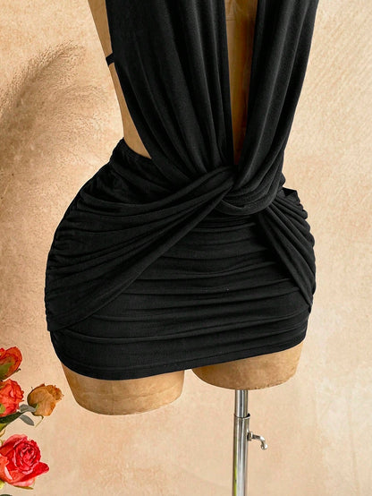 Soleia Sexy Design V-Neck Metal Decor Shoulder Strap Backless Wrap Mini Dress, Greek Mythology Style, For Date Night Night Out Club Party, Black Summer
