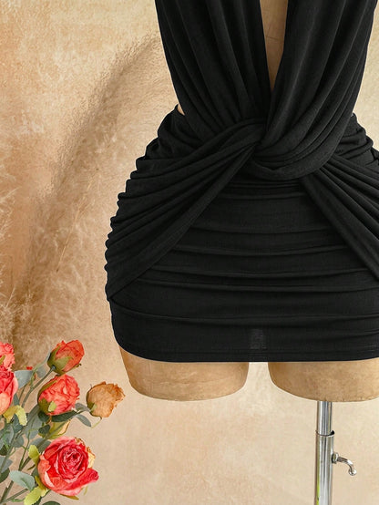 Soleia Sexy Design V-Neck Metal Decor Shoulder Strap Backless Wrap Mini Dress, Greek Mythology Style, For Date Night Night Out Club Party, Black Summer