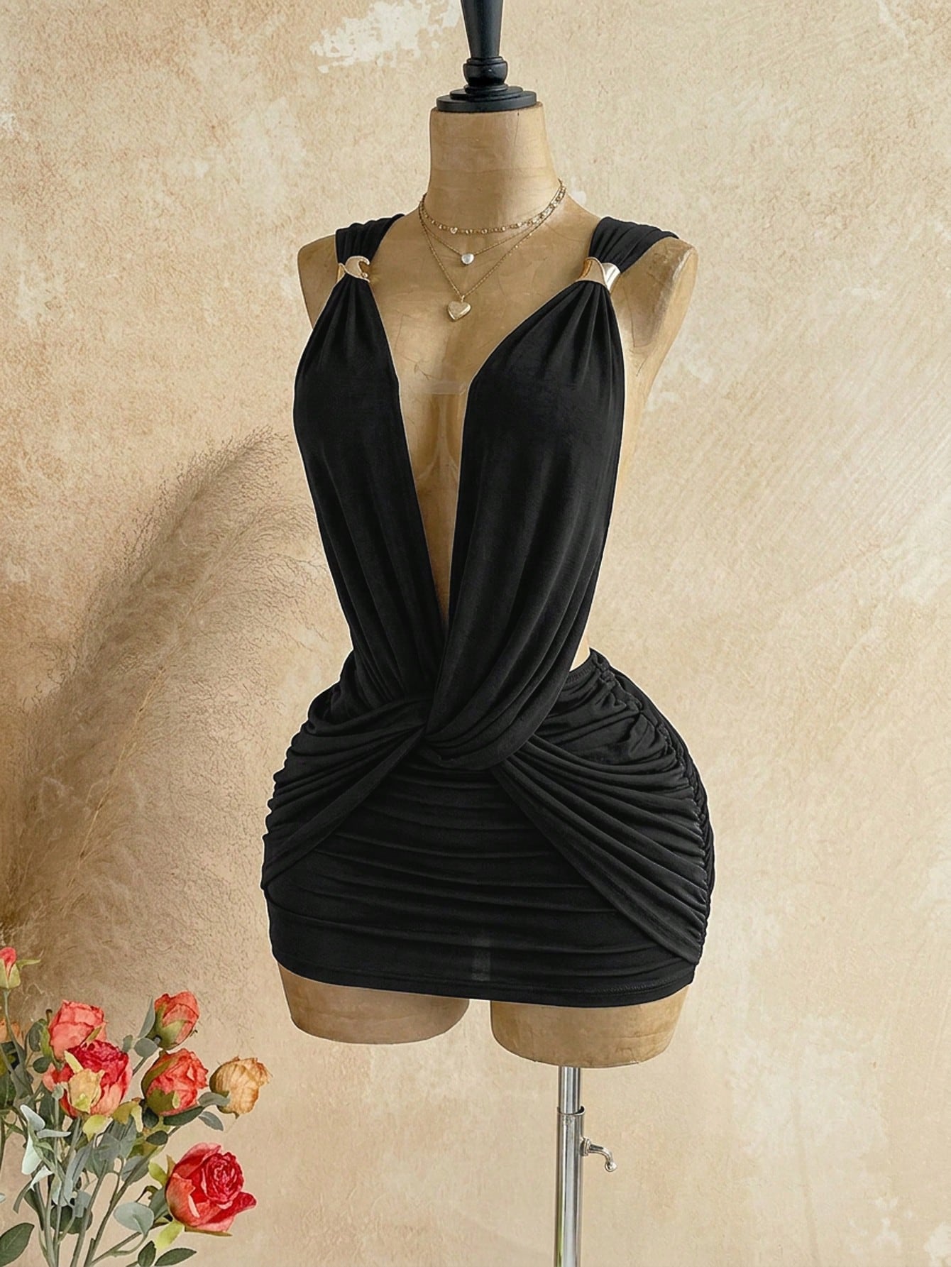 Soleia Sexy Design V-Neck Metal Decor Shoulder Strap Backless Wrap Mini Dress, Greek Mythology Style, For Date Night Night Out Club Party, Black Summer