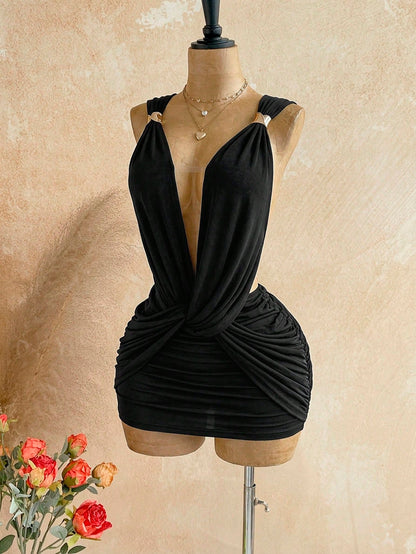 Soleia Sexy Design V-Neck Metal Decor Shoulder Strap Backless Wrap Mini Dress, Greek Mythology Style, For Date Night Night Out Club Party, Black Summer