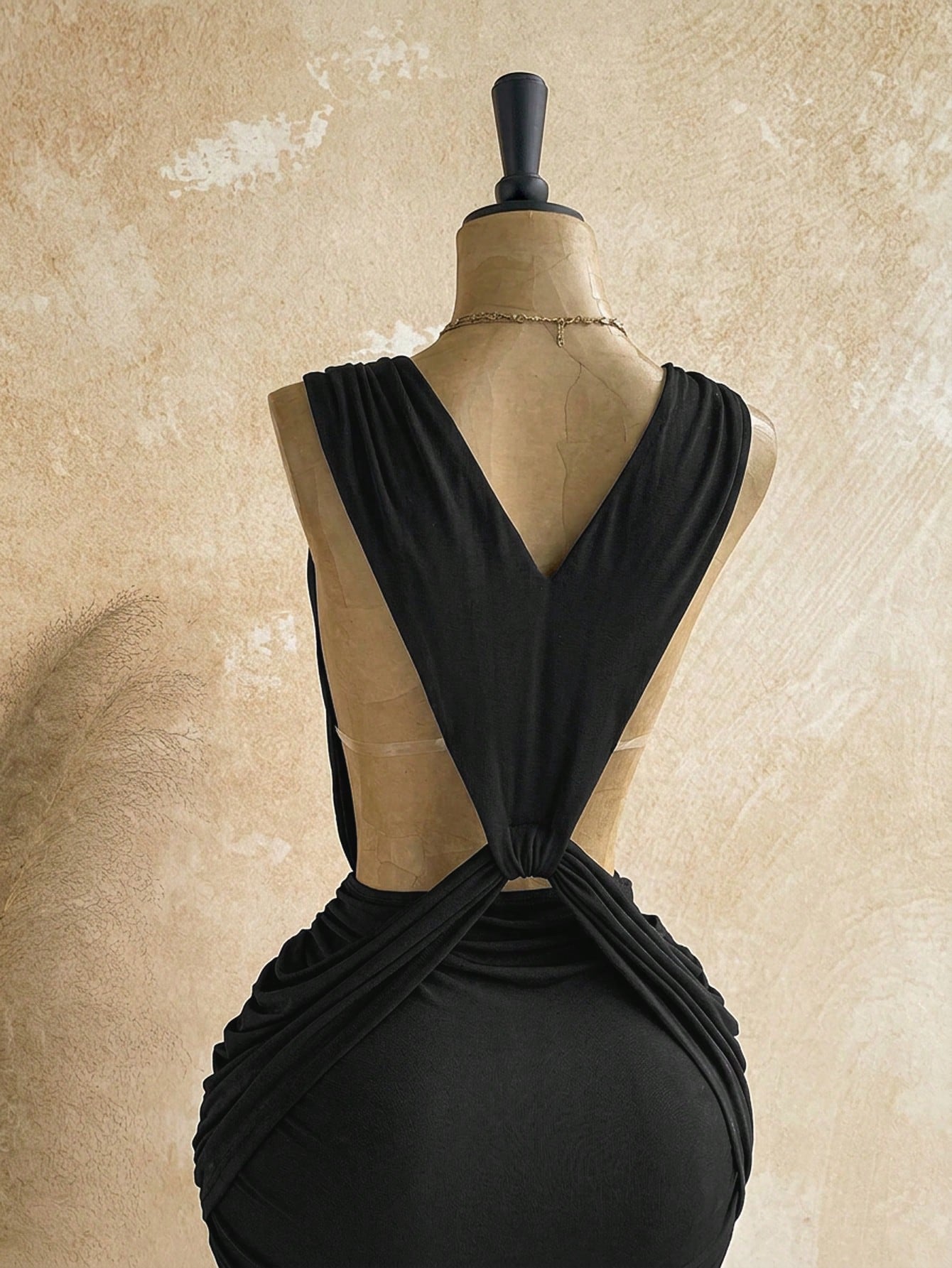 Soleia Sexy Design V-Neck Metal Decor Shoulder Strap Backless Wrap Mini Dress, Greek Mythology Style, For Date Night Night Out Club Party, Black Summer