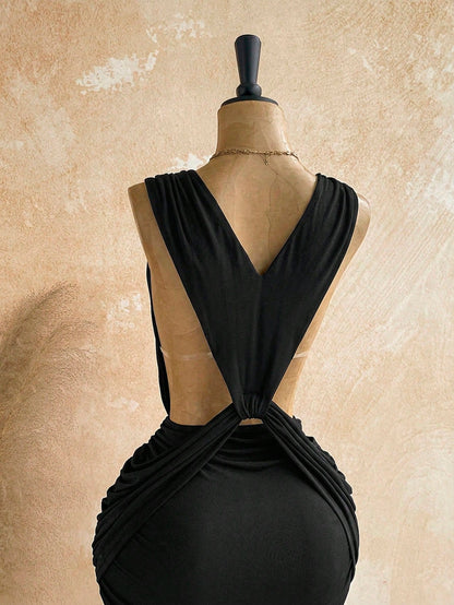 Soleia Sexy Design V-Neck Metal Decor Shoulder Strap Backless Wrap Mini Dress, Greek Mythology Style, For Date Night Night Out Club Party, Black Summer