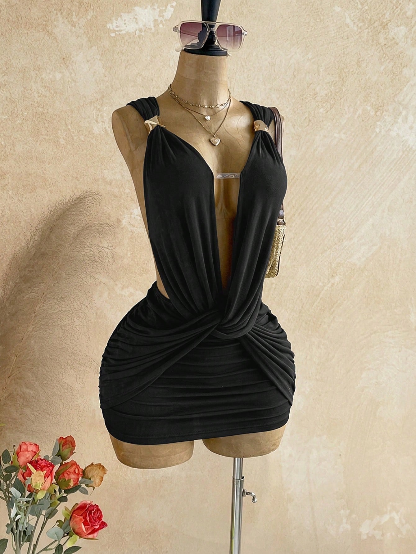Soleia Sexy Design V-Neck Metal Decor Shoulder Strap Backless Wrap Mini Dress, Greek Mythology Style, For Date Night Night Out Club Party, Black Summer