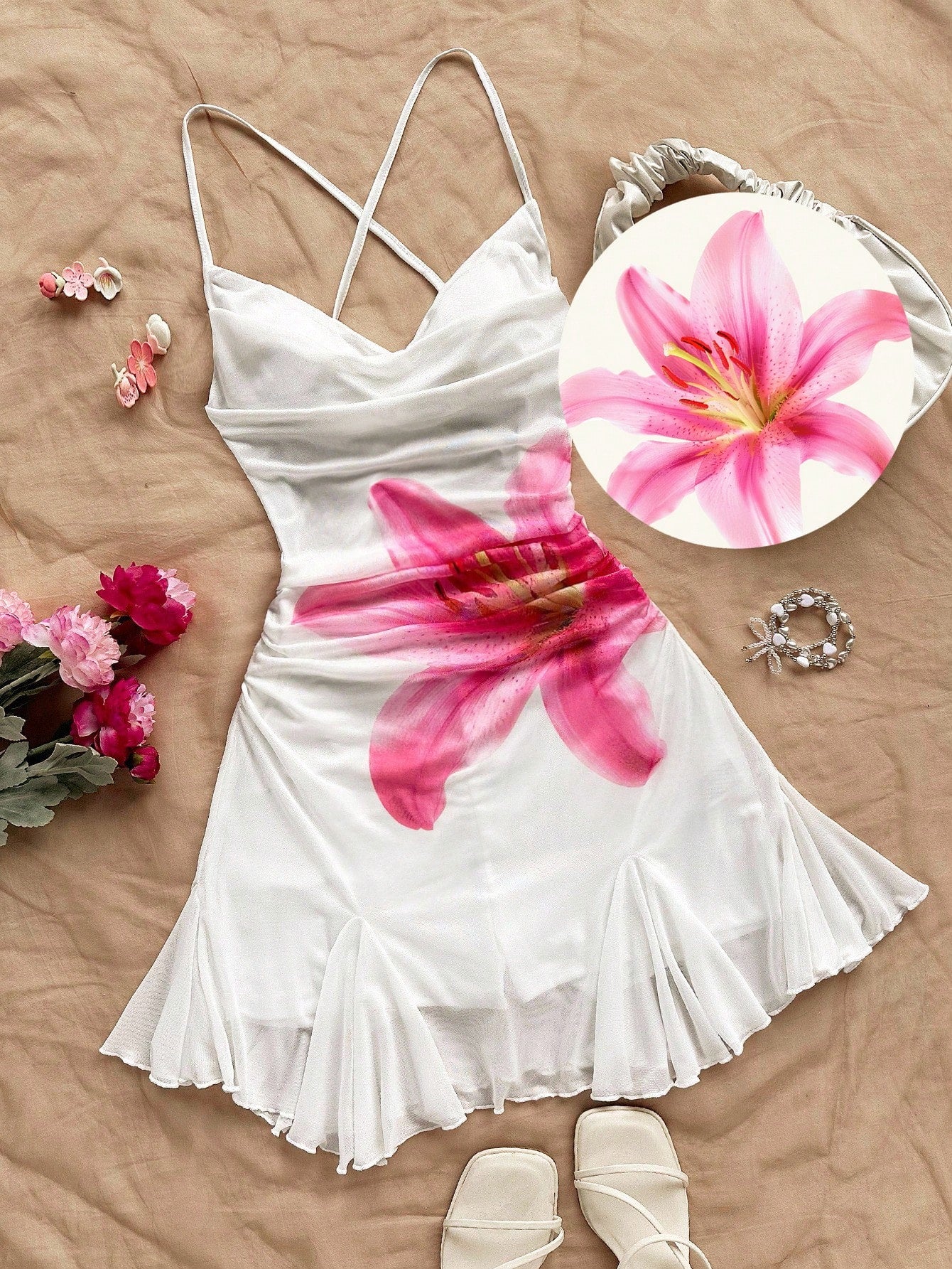 Soleia Sleeveless Pleated Mini Mesh Dress With Floral Design And Spaghetti Straps For Summer White And Pink Print Going Out Vacation Sexy