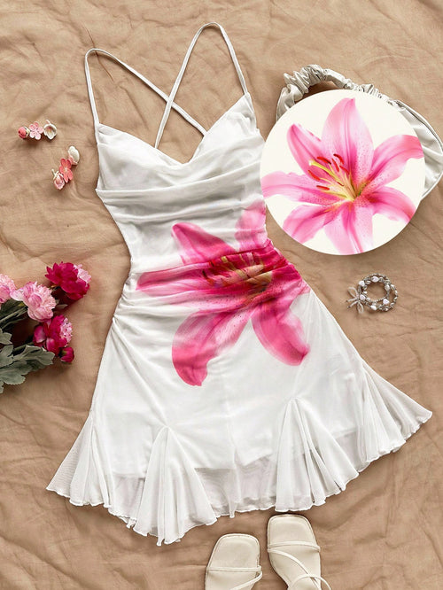 Soleia Sleeveless Pleated Mini Mesh Dress With Floral Design And Spaghetti Straps For Summer White And Pink Print Going Out Vacation Sexy