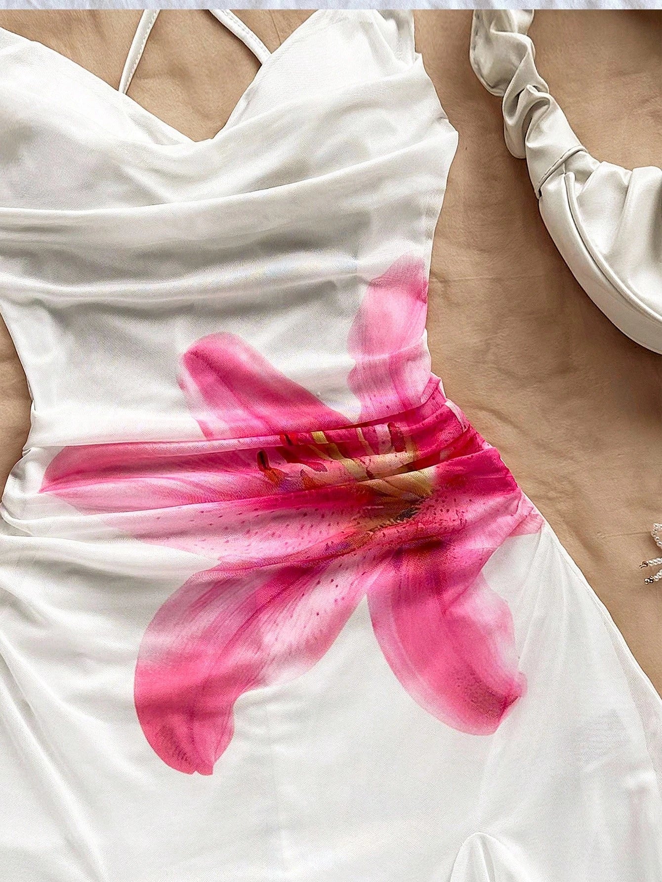 Soleia Sleeveless Pleated Mini Mesh Dress With Floral Design And Spaghetti Straps For Summer White And Pink Print Going Out Vacation Sexy