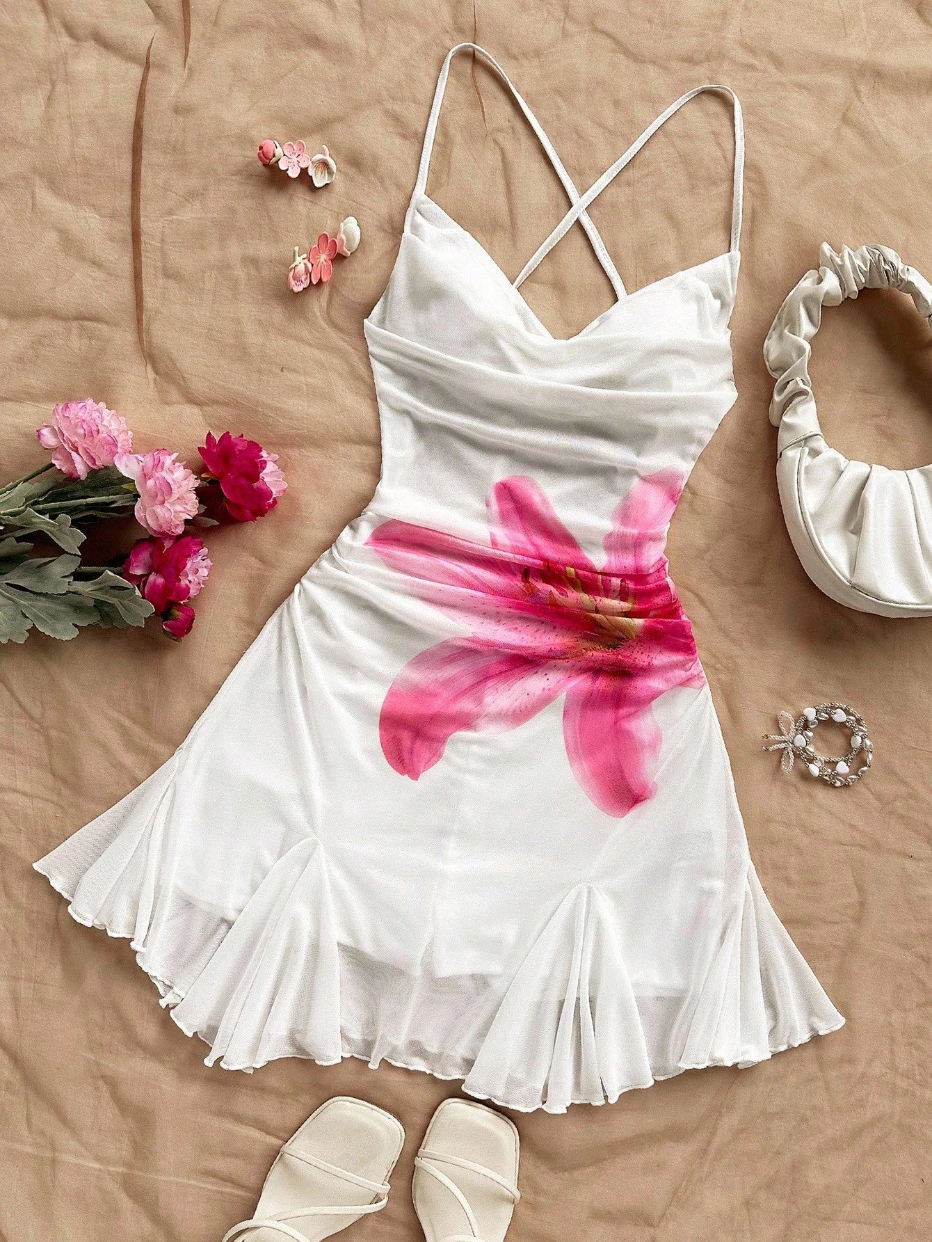 Soleia Sleeveless Pleated Mini Mesh Dress With Floral Design And Spaghetti Straps For Summer White And Pink Print Going Out Vacation Sexy