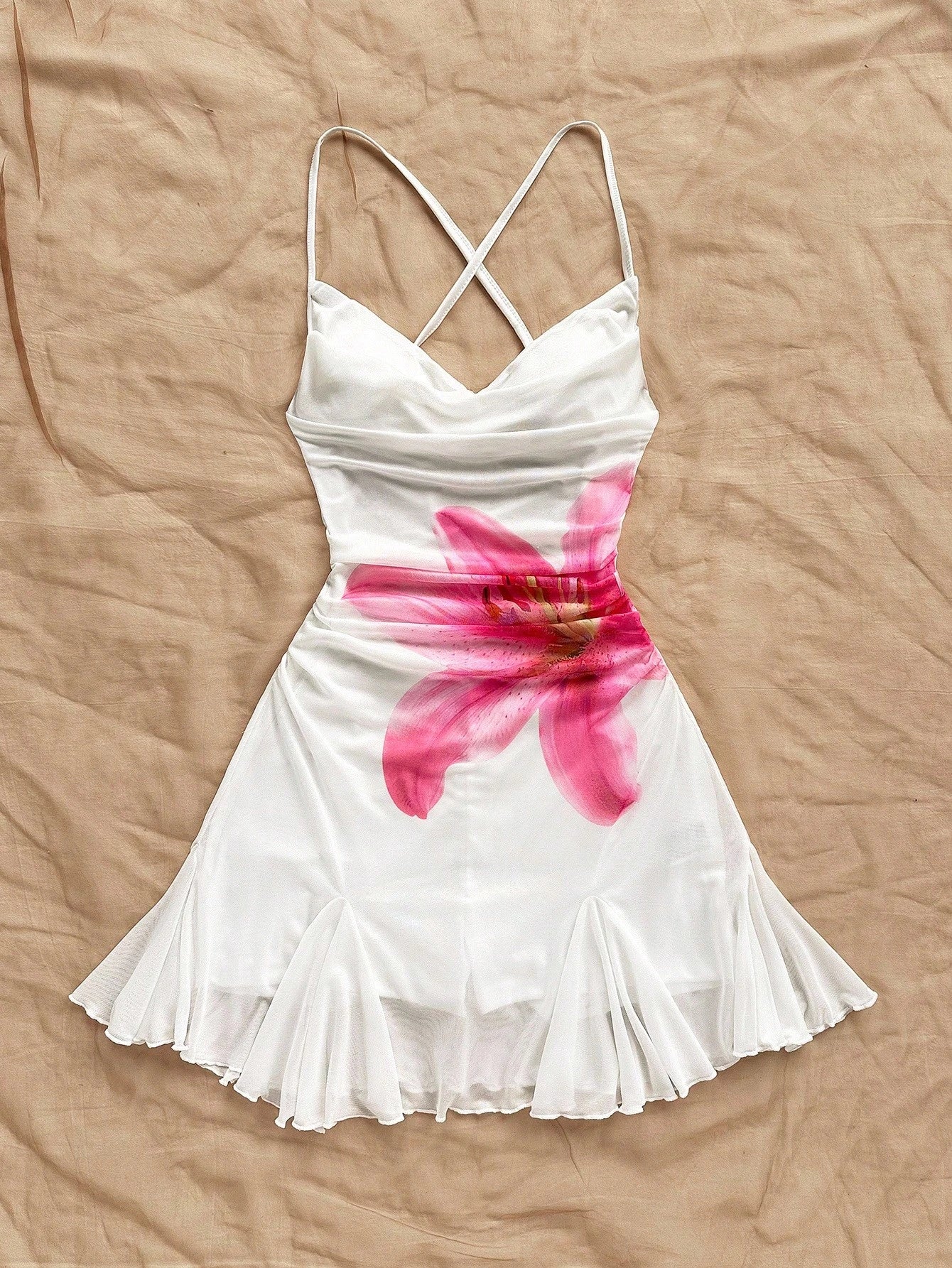 Soleia Sleeveless Pleated Mini Mesh Dress With Floral Design And Spaghetti Straps For Summer White And Pink Print Going Out Vacation Sexy