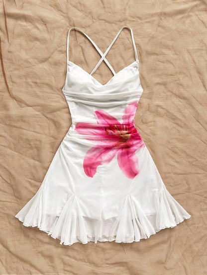 Soleia Sleeveless Pleated Mini Mesh Dress With Floral Design And Spaghetti Straps For Summer White And Pink Print Going Out Vacation Sexy